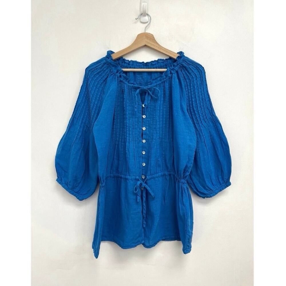 120% Lino Linen Pintucked Drawstring Waist Tie Puff Sleeve Relaxed Blouse 40/XS